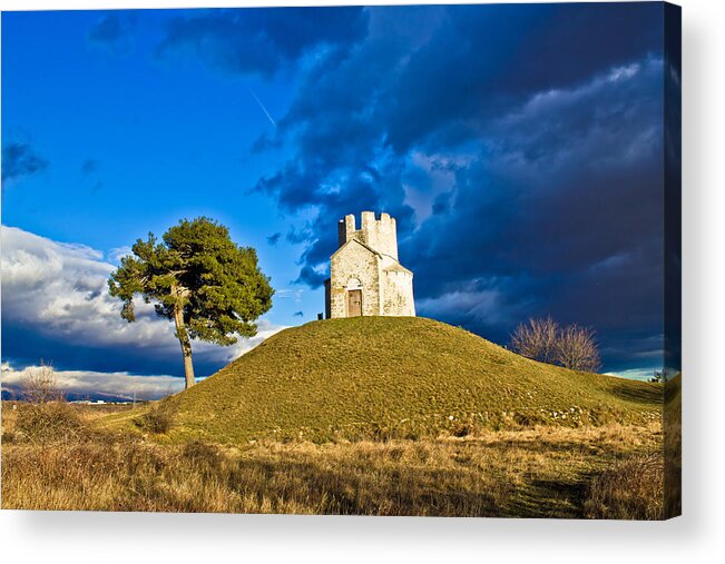 Ancient Acrylic Print featuring the photograph Chapel on green hill Nin Dalmatia by Brch Photography