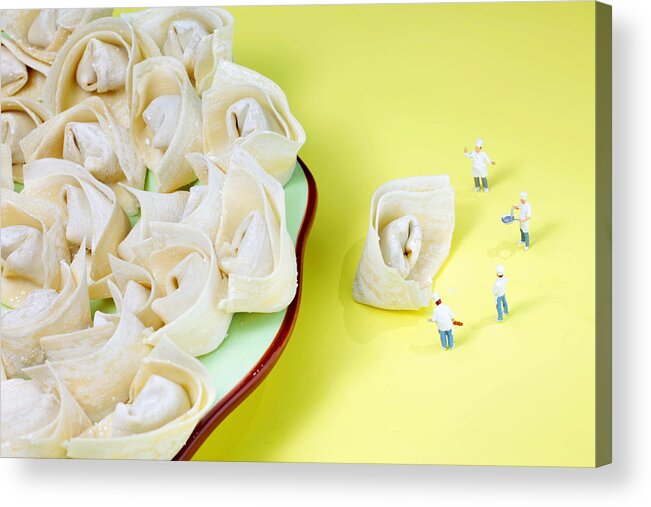 Chef Acrylic Print featuring the painting Chef discussing wonton recipe by Paul Ge