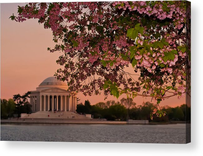 America Acrylic Print featuring the photograph Cherry Blossoms Framing the Jefferson Memorial at Sunset by Mitchell R Grosky