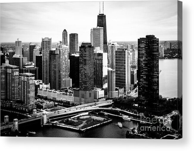 America Acrylic Print featuring the photograph Chicago Aerial Picture of Streeterville in Black and White by Paul Velgos