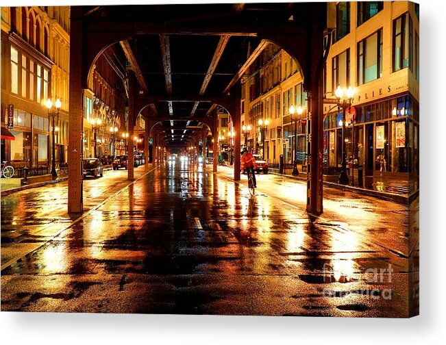 Night Acrylic Print featuring the photograph Chicago Night Cyclist by Jonas Luis