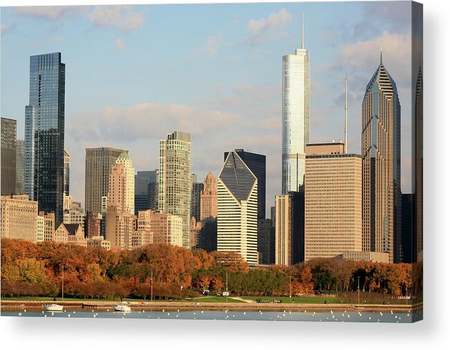 Lake Michigan Acrylic Print featuring the photograph Chicago Skyline And Lake Michigan by Hisham Ibrahim