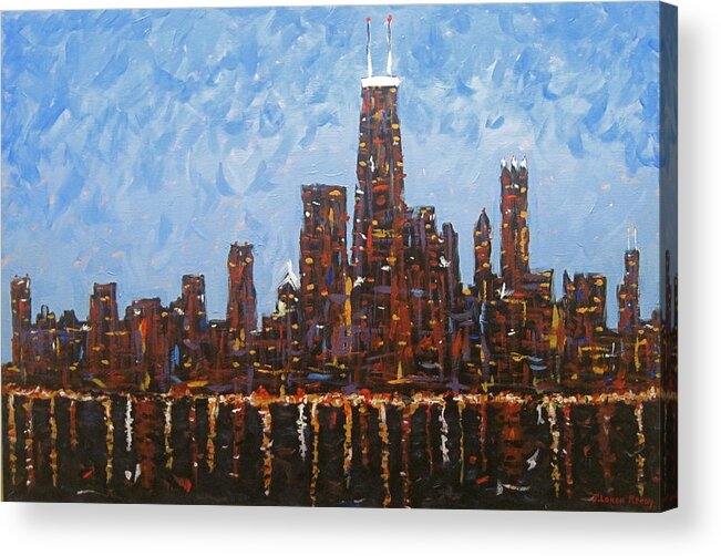 Chicago At Night Painting Acrylic Print featuring the painting Chicago Skyline at Night from North Avenue Pier by J Loren Reedy