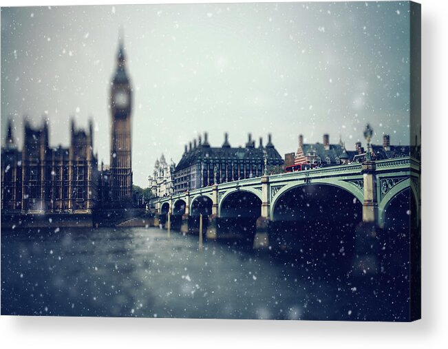 Clock Tower Acrylic Print featuring the photograph Christmas Snow In London by Alexsl