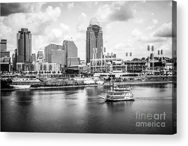 2012 Acrylic Print featuring the photograph Cincinnati Skyline and Riverboat Black and White Picture by Paul Velgos