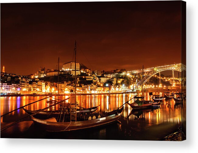 Scenics Acrylic Print featuring the photograph City Of Porto, Portugal At Night by Ogphoto