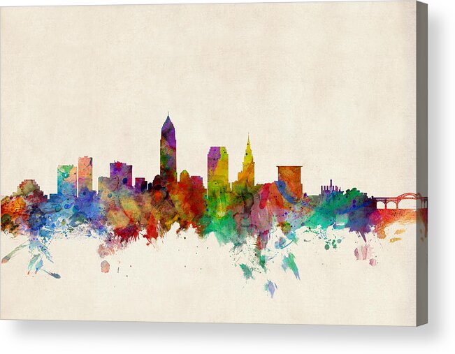 Watercolour Acrylic Print featuring the digital art Cleveland Ohio Skyline by Michael Tompsett