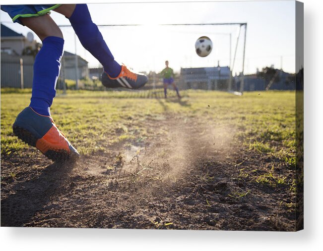 Goal Acrylic Print featuring the photograph Close up of boy taking soccer penalty by Alistair Berg