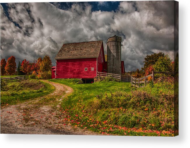 Autumn Foliage New England Acrylic Print featuring the photograph Clouds over rustic Vermont farm by Jeff Folger