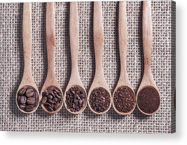 Nobody Acrylic Print featuring the photograph Coffee Beans And Grinds On Wooden Spoons by Ktsdesign/science Photo Library