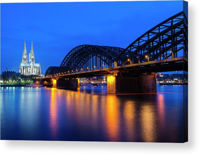 Gothic Style Acrylic Print featuring the photograph Cologne Cathedral And The Hohenzollern by Deejpilot
