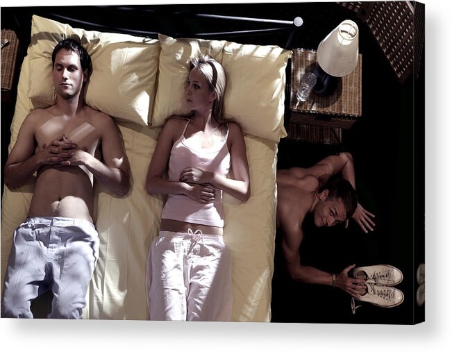 Young Men Acrylic Print featuring the photograph Coulpe In Bed, Secret Lover Hiding by Peter Cade