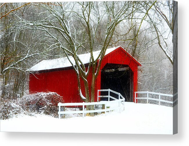 Winter Wonderland Acrylic Print featuring the photograph Cover Bridge Beauty by Peggy Franz