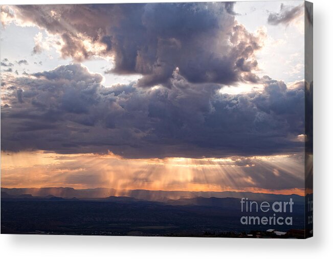 Crepuscular Acrylic Print featuring the photograph Crepuscular light rays over Sedona from Jerome Arizona by Ron Chilston