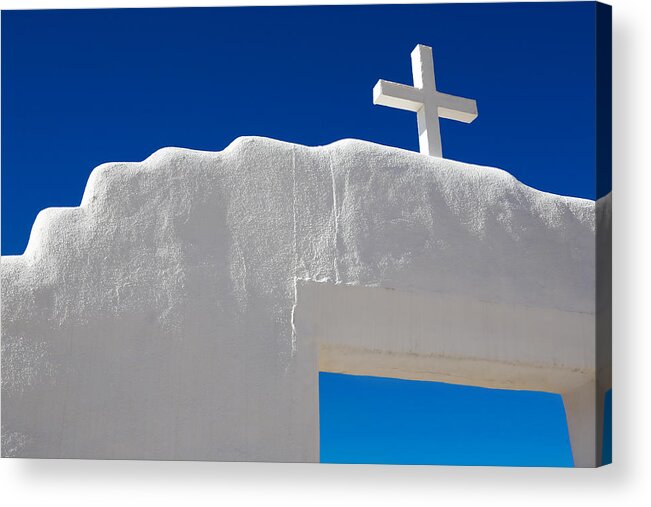 New Mexico Acrylic Print featuring the photograph Cross on White Church by Marilyn Hunt