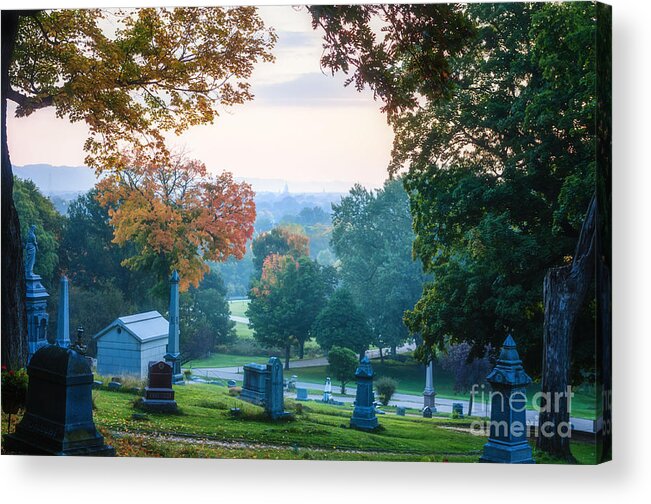 Woodlawn Cemetery Winona Acrylic Print featuring the photograph Dawn at Woodlawn with Gravestones by Kari Yearous