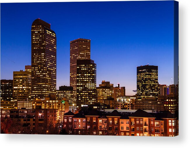 Colorado Acrylic Print featuring the photograph Denver Colorado Skyline at Blue Hour Mar 2013 by Teri Virbickis