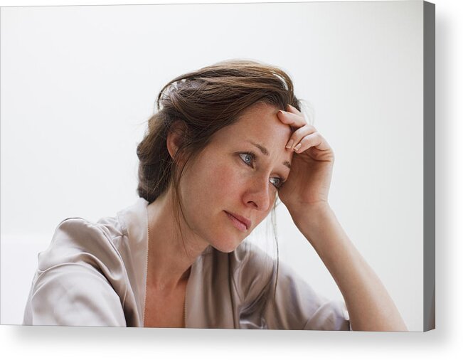 Problems Acrylic Print featuring the photograph Depressed woman with head in hands by Tom Merton