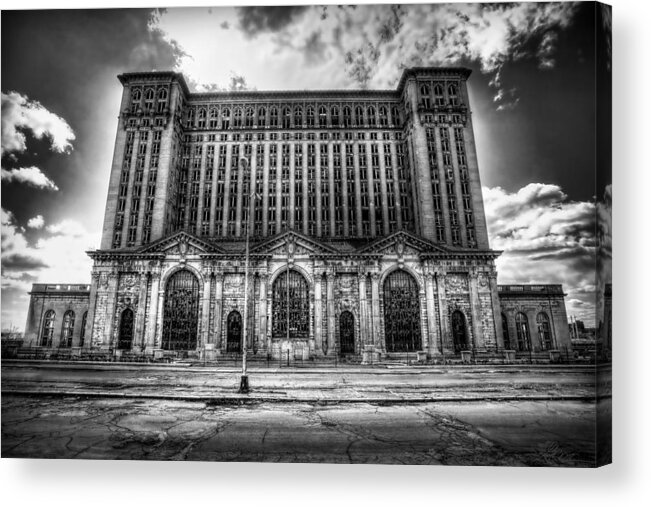 Detroit Acrylic Print featuring the photograph Detroit's Abandoned Michigan Central Train Station Depot in Black and White by Gordon Dean II