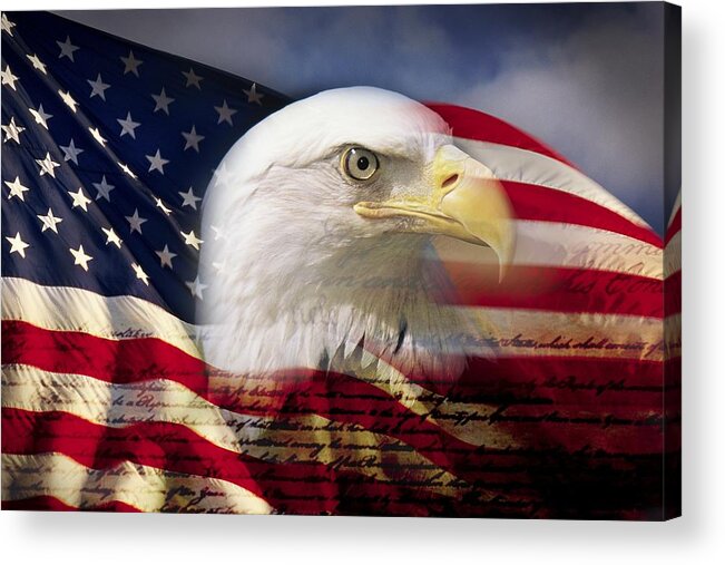 Social Issues Acrylic Print featuring the photograph Digital composite: American bald eagle and flag is underlaid with the handwriting of the US Constitution by VisionsofAmerica/Joe Sohm