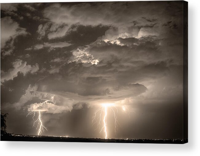 City Acrylic Print featuring the photograph Double Lightning Strikes in Sepia HDR by James BO Insogna