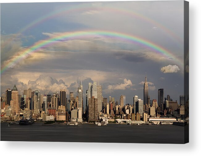New York City Skyline Acrylic Print featuring the photograph Double Rainbow Over NYC by Susan Candelario