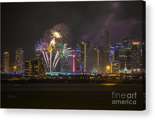 Fireworks Acrylic Print featuring the photograph Downtown Miami Fireworks View by Rene Triay FineArt Photos