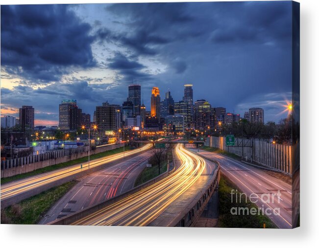 Minneapolis Skyline Painting Acrylic Print featuring the photograph Downtown Minneapolis Skyline On 35 W Sunset by Wayne Moran
