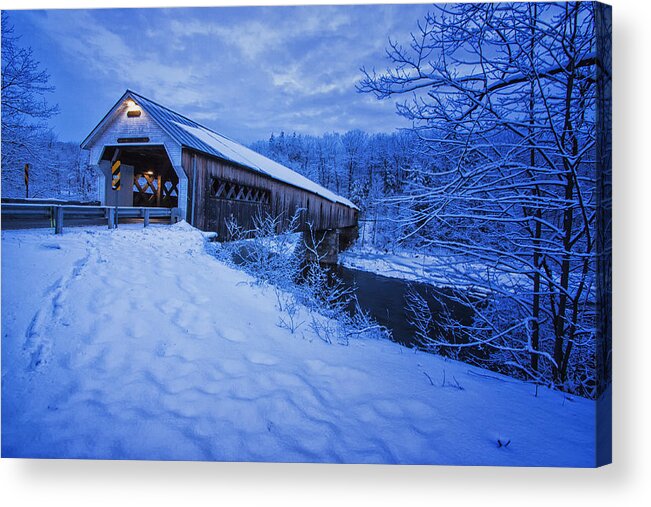 Longest Covered Bridge In Vermont In Use Acrylic Print featuring the photograph Dummerston Bridge in Winter by Tom Singleton