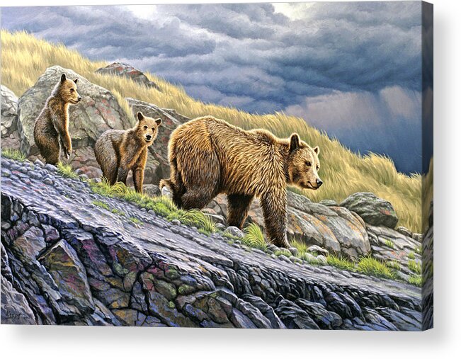 Wildlife Acrylic Print featuring the painting Dunraven Pass Grizzly Family by Paul Krapf