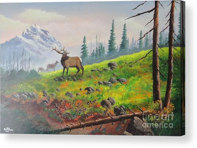 Wildlife Art Acrylic Print featuring the painting Elk in the Mist by Bob Williams