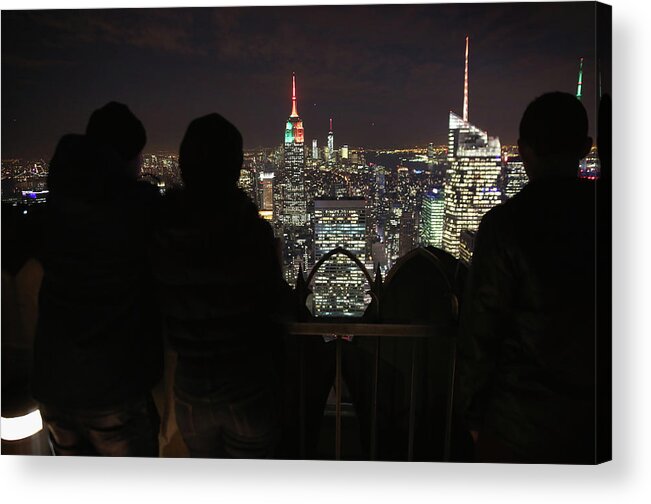 American Football Acrylic Print featuring the photograph Empire State Bldg Lit Orange And Green by John Moore
