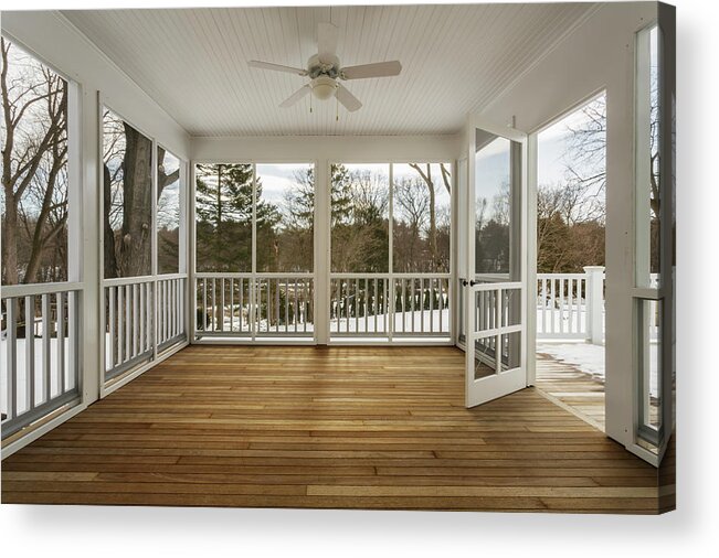 Empty Acrylic Print featuring the photograph Enclosed Deck Of Home With Screen Door by David Papazian