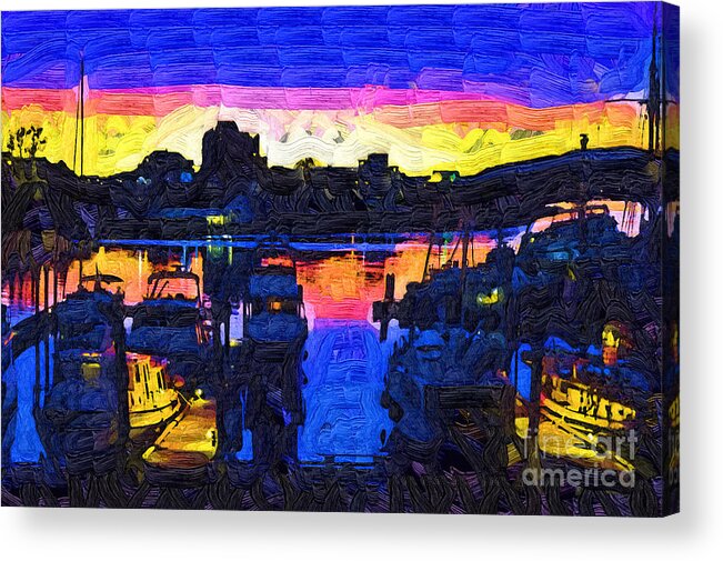 Boats Acrylic Print featuring the painting The Harbor At Dusk by Kirt Tisdale