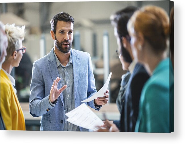 Expertise Acrylic Print featuring the photograph Factory staff meeting. by Gilaxia