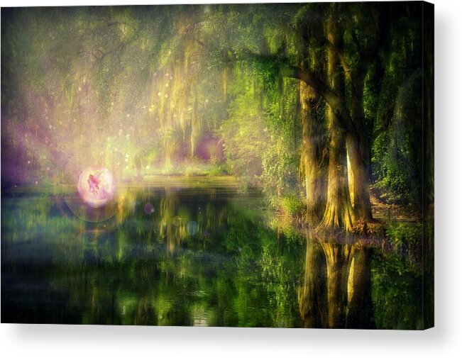 Fairy Acrylic Print featuring the digital art Fairy in Pink bubble in Serenity Forest by Lilia D