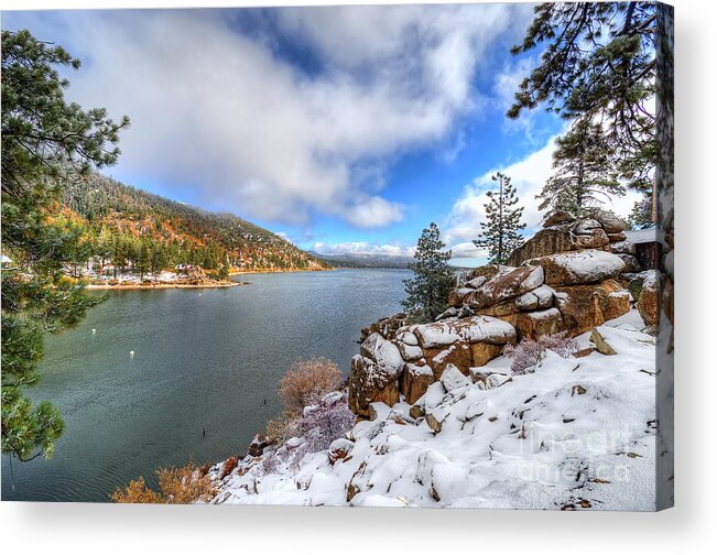 Fall Acrylic Print featuring the photograph Fall Snow Storm at Big Bear Lake by Eddie Yerkish