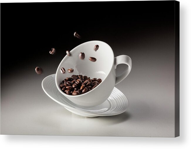 Mid-air Acrylic Print featuring the photograph Falling Coffee Cup With Coffee Beans by Bjorn Holland