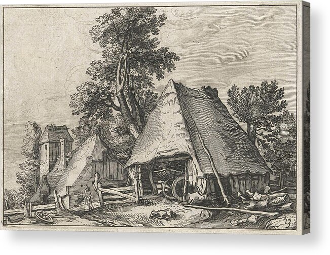 Barn Acrylic Print featuring the drawing Farm Between The Trees by Claes Jansz. Visscher Ii And Abraham Bloemaert And Bo?tius Adamsz. Bolswert