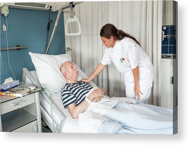 Indoors Acrylic Print featuring the photograph Female Nurse With Hand On Patient's Shoulder by Arno Massee/science Photo Library