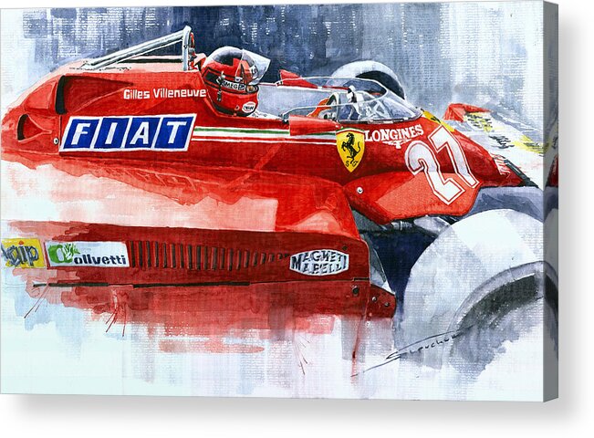 Watercolor Acrylic Print featuring the painting Ferrari 126C Silverstone 1981 British GP Gilles Villeneuve by Yuriy Shevchuk