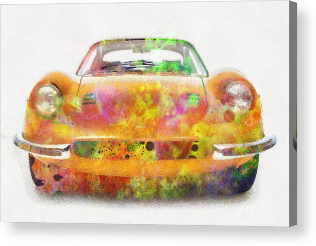 Ferrari Acrylic Print featuring the painting Ferrari dino 246 colorful abstract on white by Eti Reid
