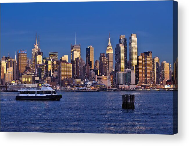 Best New York Skyline Photos Acrylic Print featuring the photograph Ferry past Manhattan by Mitchell R Grosky