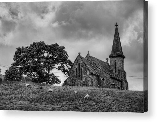 Black & White Acrylic Print featuring the photograph Fewston Church and Sheep by Dennis Dame