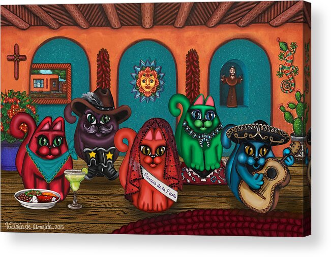 Folk Art Acrylic Print featuring the painting Fiesta Cats II by Victoria De Almeida