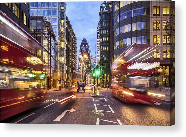 People Acrylic Print featuring the photograph Financial district in London at dusk by Xavierarnau