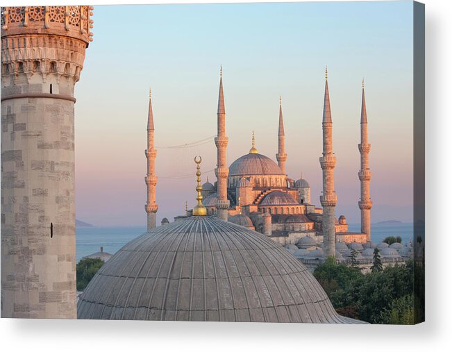 Istanbul Acrylic Print featuring the photograph Firuz Aga And Blue Mosque At Sunset by Laurie Noble