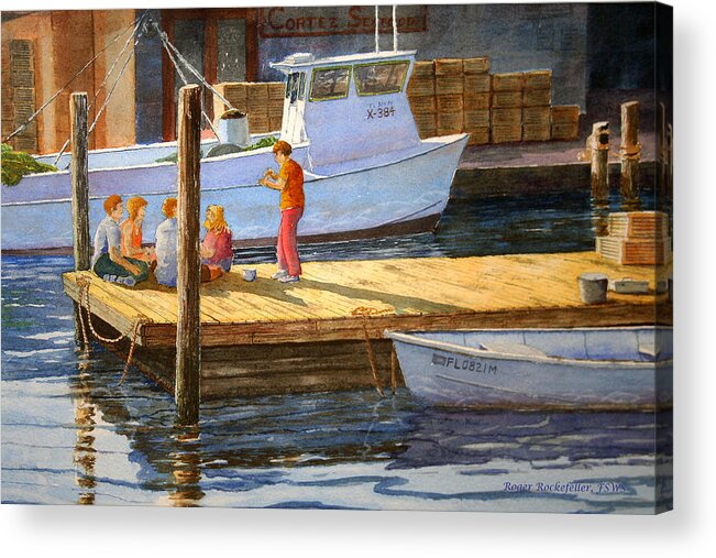 Boats Acrylic Print featuring the painting Fish Tales at Cortez by Roger Rockefeller