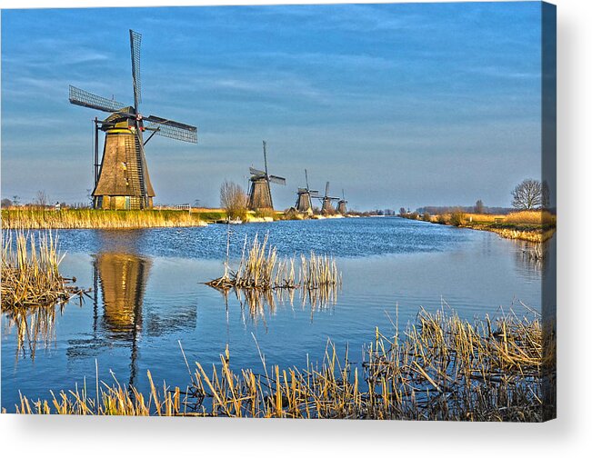 Windmill Acrylic Print featuring the photograph Five Windmills At Kinderdijk by Frans Blok