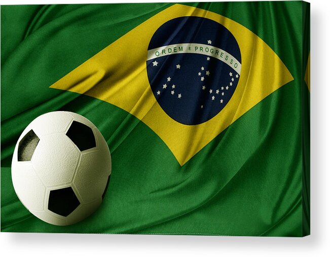 Brazil Acrylic Print featuring the photograph Flag and ball by Les Cunliffe